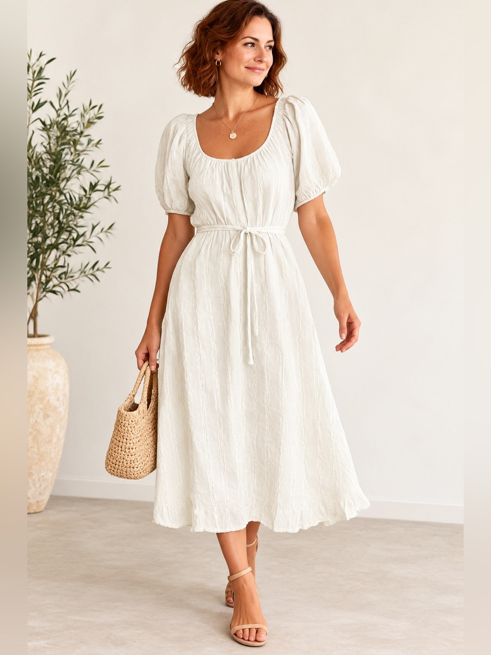 MINKPINK Puff Sleeve Cotton Midi Dress White Belted Size L